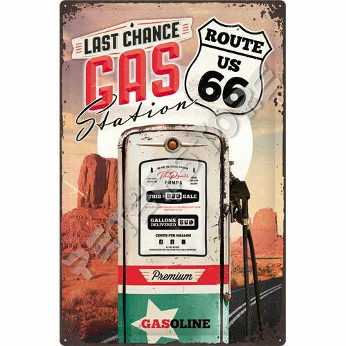 Retró Fém Tábla - Gasoline, Benzin, U.S. Route 66 Dombornyomott