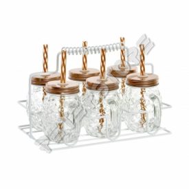 Korsó szett tartó kosárral Mérete: 21 cm  x 13,5 cm x 17 cm 6 db üveg korsó szívószállal. Űrtar